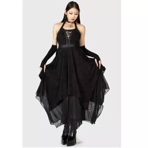 Killstar Badlands Halter Midi‎ Dress L Black Distressed Goth Punk Witchy Vampire